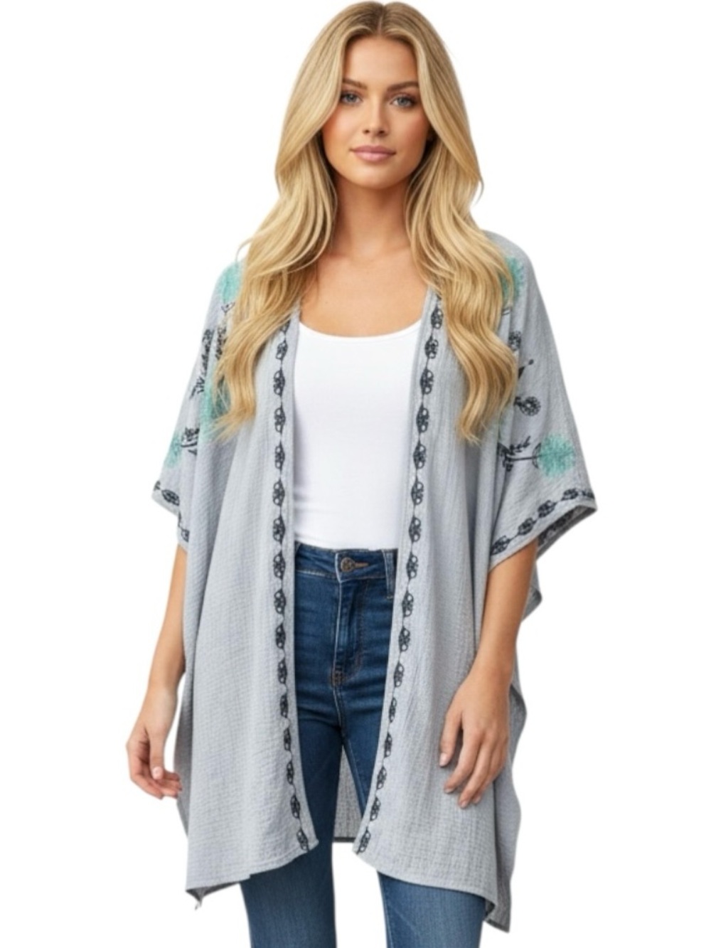 Easel Kimono Embroidered Lightweight Coverup Top Jacket